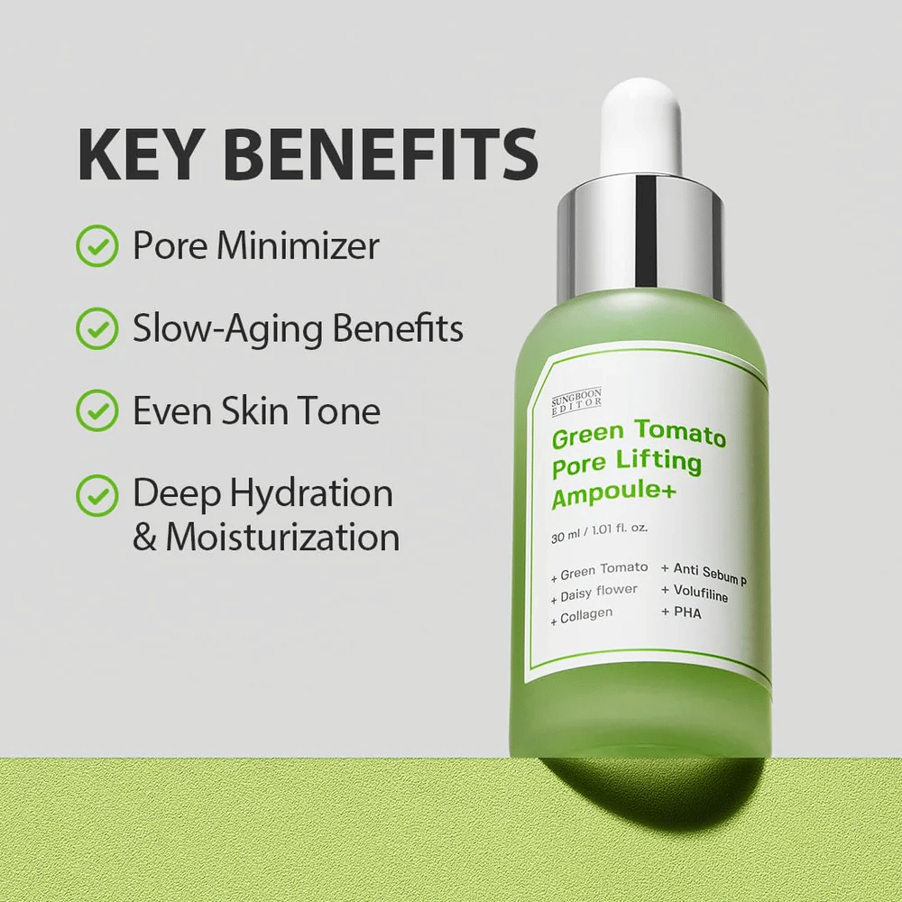 Green Tomato Pore Lifting Ampoule+ with dropper bottle on a green background, listing key benefits such as pore reduction, anti-aging, even skin tone, and hydration.