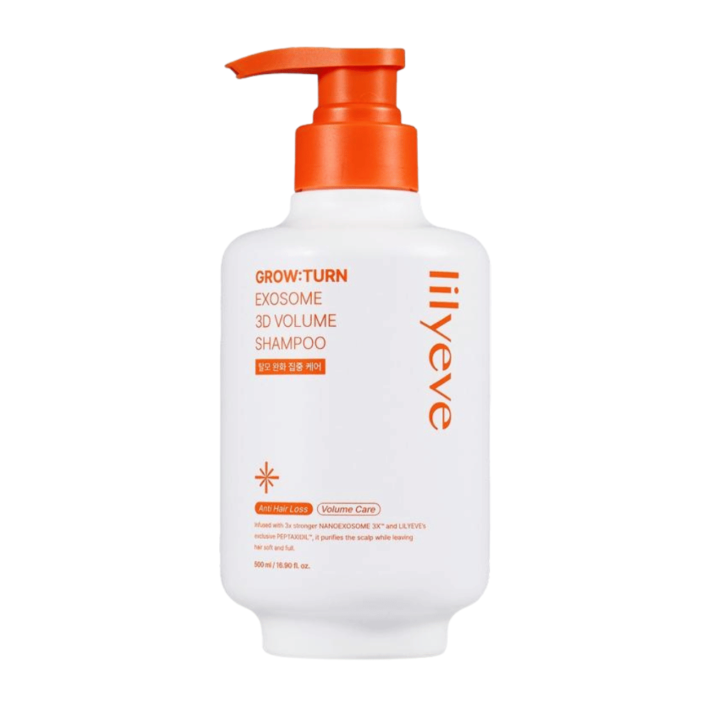 LILYEVE Grow:Turn Exosome 3D Volume Shampoo in a white pump bottle with orange details for scalp care