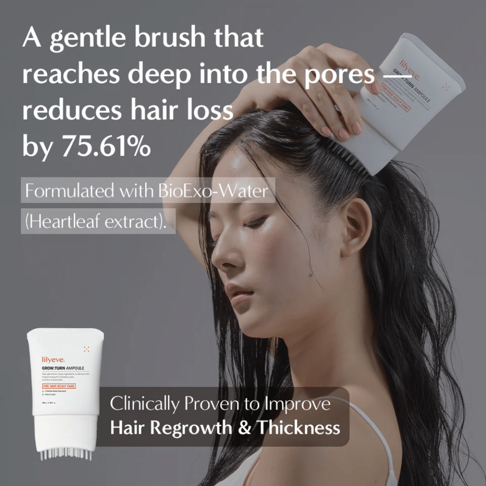 Lifestyle image where a person applies the product directly to the scalp with the brush, focusing on hair growth and reduced hair loss.
