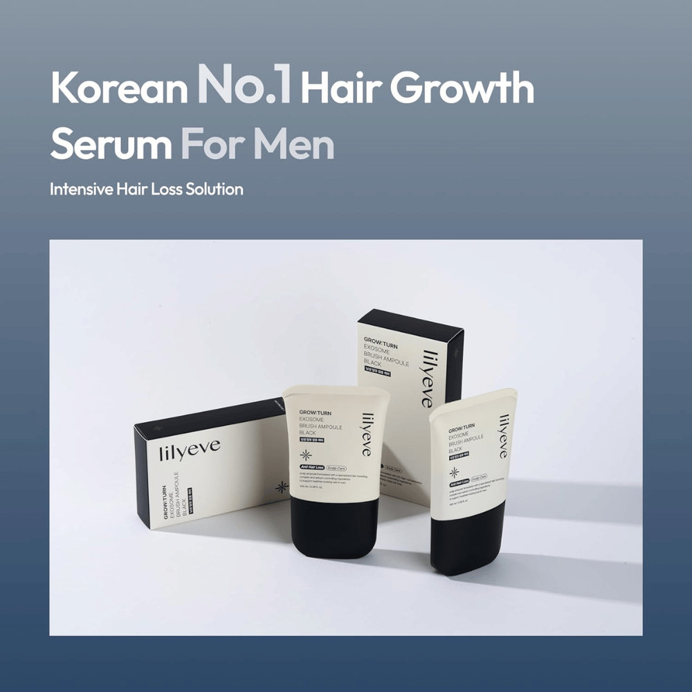 Product and packaging image of LILYEVE Grow:Turn Exosome Brush Ampoule Prime. The image highlights the serum as a hair care product developed for men with a focus on scalp care and hair loss-related needs.