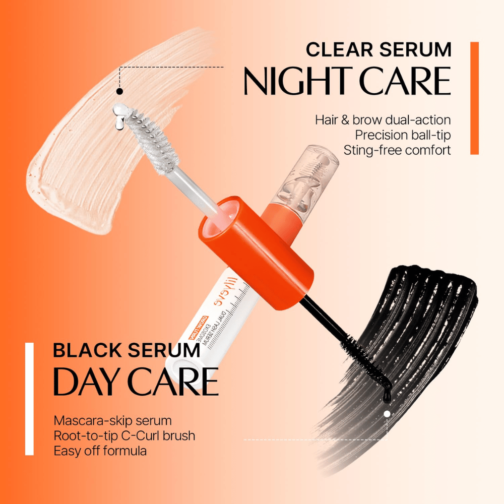 LILYEVE Grow Turn Exosome Dual Lash Serum with transparent night serum and black day serum in a double-sided package.
