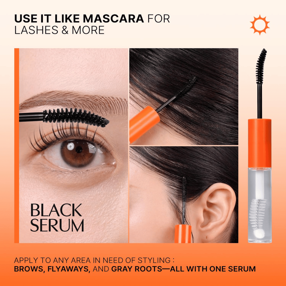 LILYEVE Grow Turn Exosome Dual Lash Serum – black serum for daytime use applied to eyelashes, eyebrows, and the hairline.