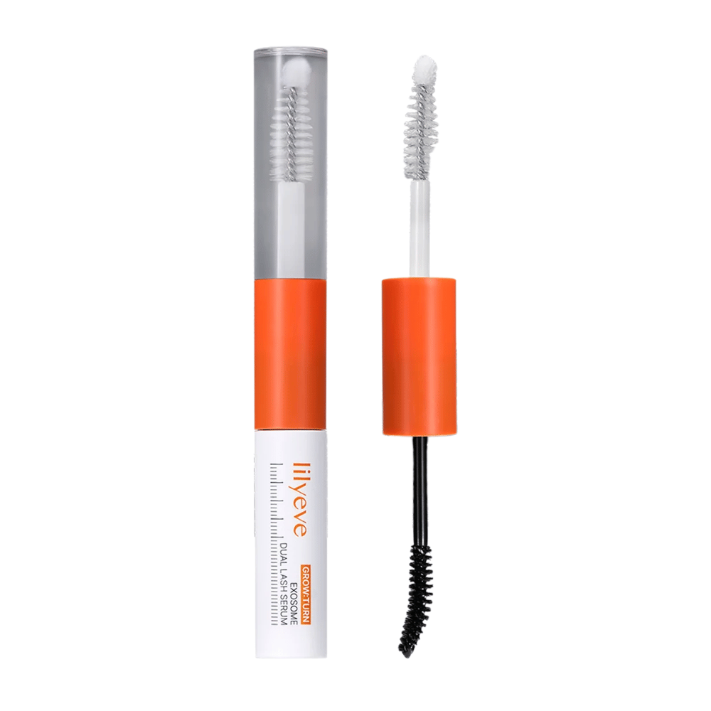 LILYEVE Grow Turn Exosome Dual Lash Serum – double-sided eyelash serum with transparent and black serum and two applicators.