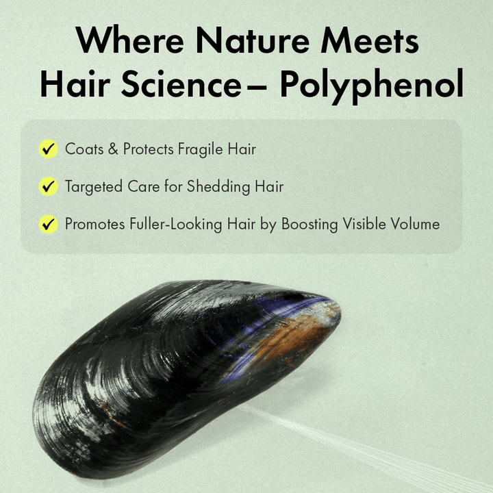 Illustration of nature-inspired polyphenol technology that helps protect fragile hair strands, care for hair that feels thin, and contribute to increased volume.