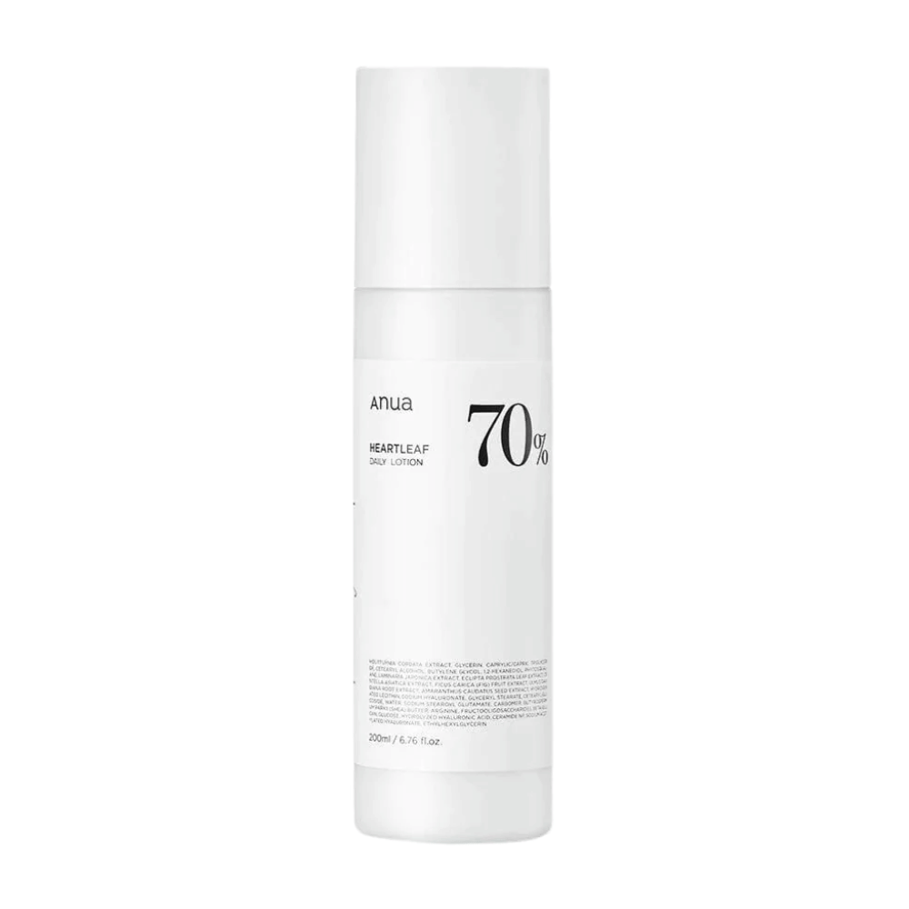 A white bottle with a white cap with Heartleaf 70% Daily Lotion on a white background, from Anua.