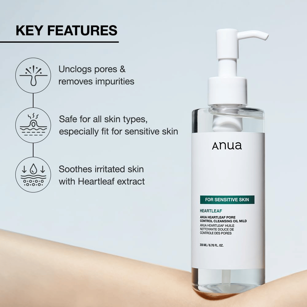 Anua Heartleaf Pore Control Cleansing Oil Mild is a gentle cleansing oil for all skin types, especially suitable for sensitive skin. It helps to: Remove impurities and cleanse the pores. Soothe irritated skin with the help of heartleaf extract. It is safe for all skin types and specially adapted to be gentle and effective.