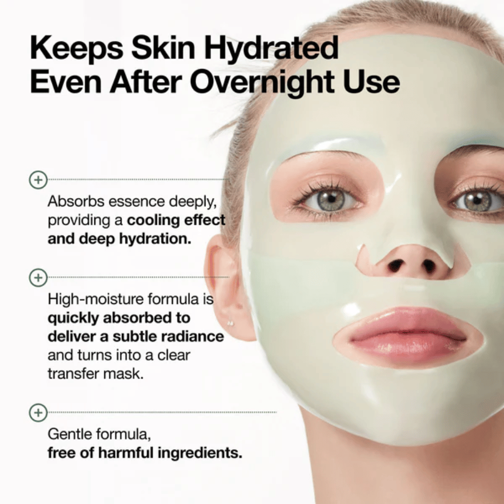 Close-up of a model using the hydrogel mask. The text highlights that the mask helps the skin retain moisture even after overnight use. The image emphasizes a cooling sensation, deep hydration, increased radiance, and a gentle formula without unnecessary irritating ingredients.