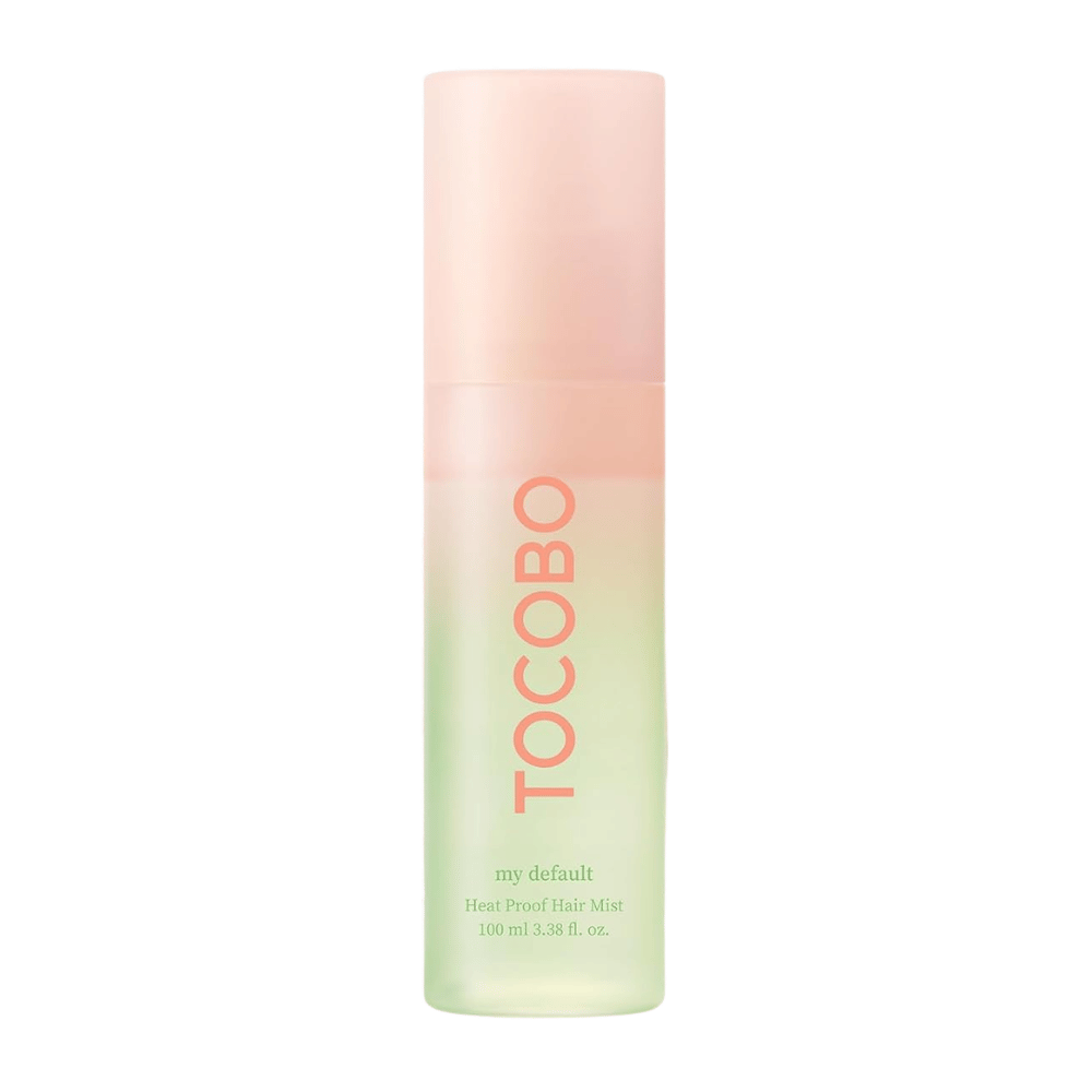 1. TOCOBO Heat Proof Hair Mist #02 My Default 100ml – heat-protectant hair mist in a green and pink spray bottle against a white background