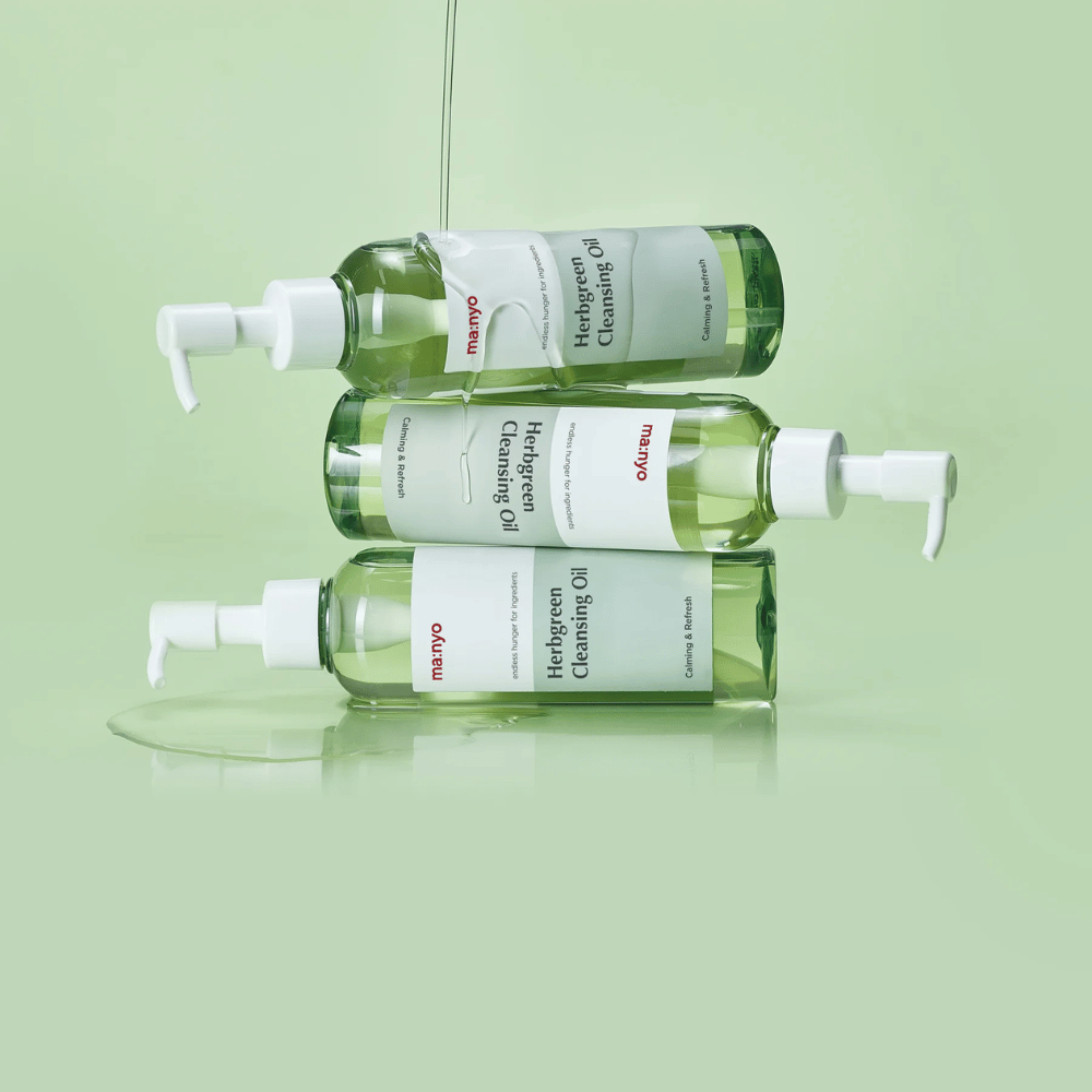 ma:nyo Herbgreen Cleansing Oil cleansing oil in stacked bottles, oil cleansing that dissolves makeup, sunscreen, and impurities without drying out the skin