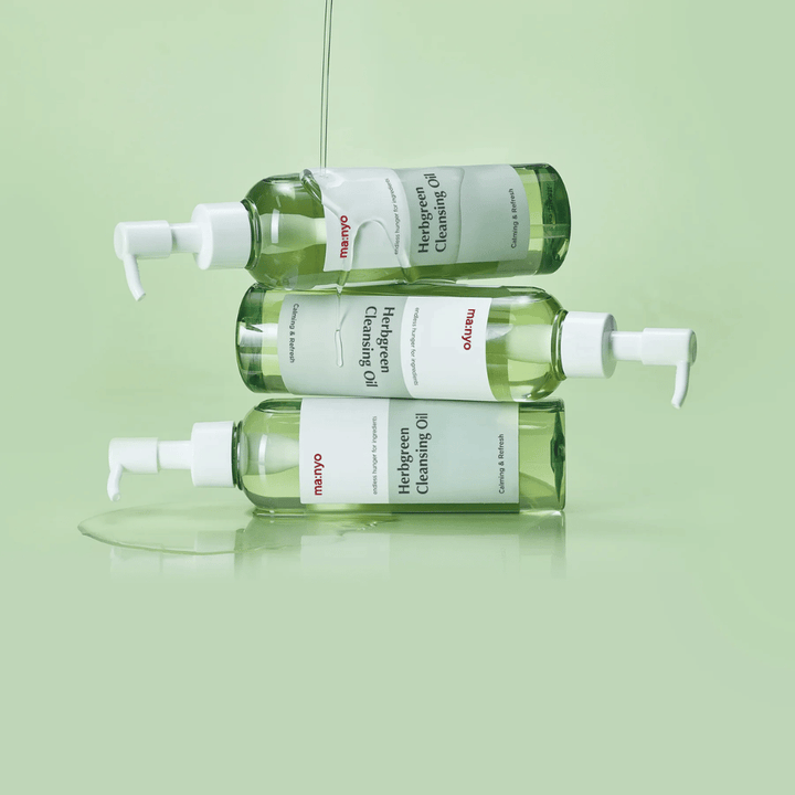 ma:nyo Herbgreen Cleansing Oil cleansing oil in stacked bottles, oil cleansing that dissolves makeup, sunscreen, and impurities without drying out the skin
