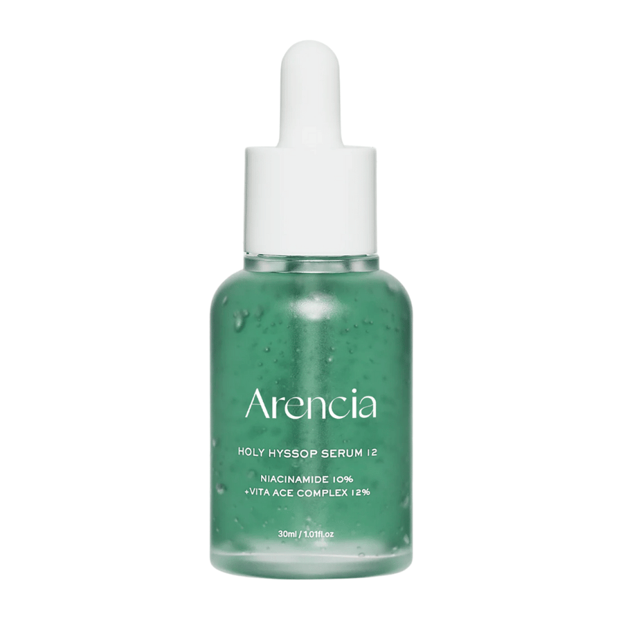 Arencia Holy Hyssop Serum 12 in green glass bottle with pipette, facial serum with niacinamide 10% and vitamin ACE complex 12%.