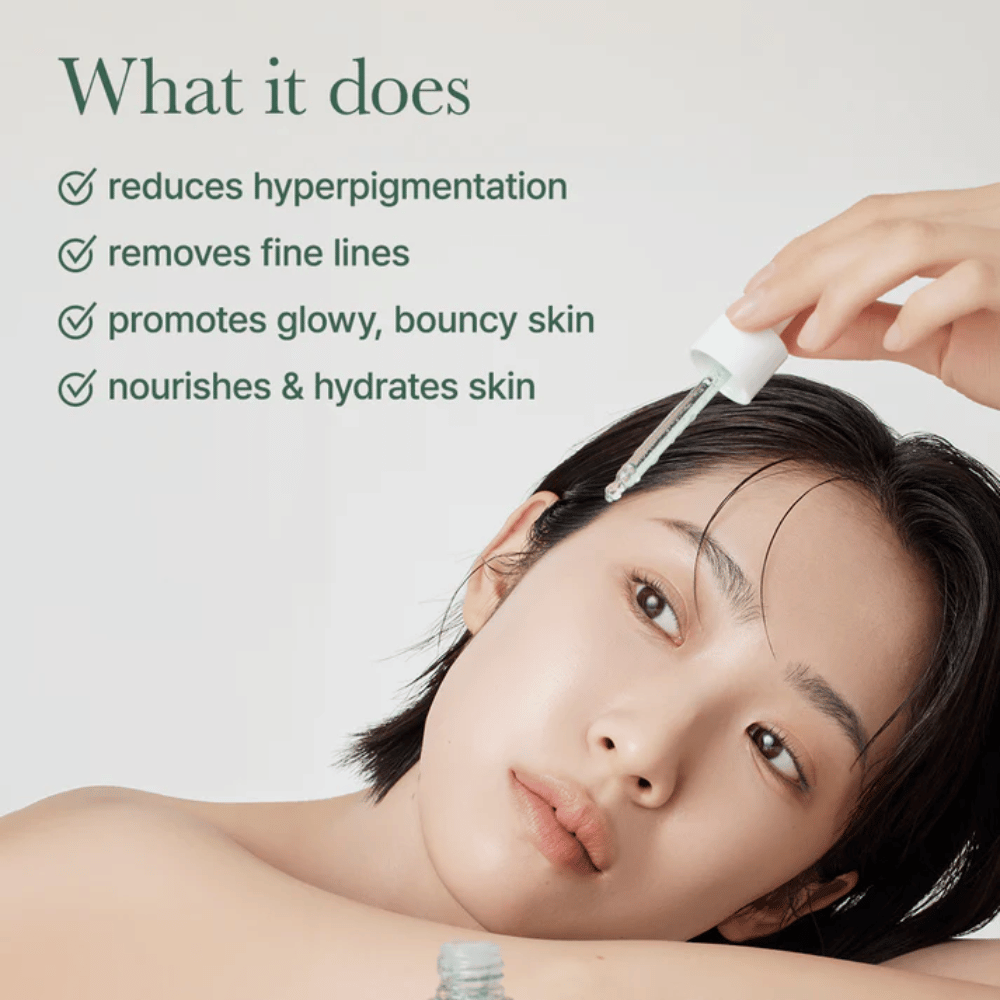 Model applying facial serum, illustration explaining effects like more even skin tone, hydration, and increased radiance.