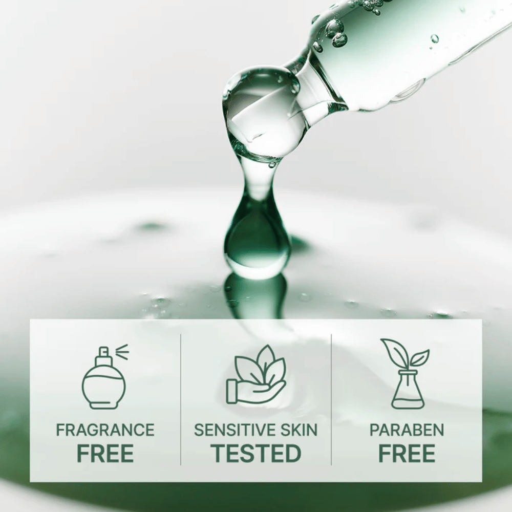 Dripping serum from pipette with icons showing fragrance-free, tested for sensitive skin and paraben-free formula.