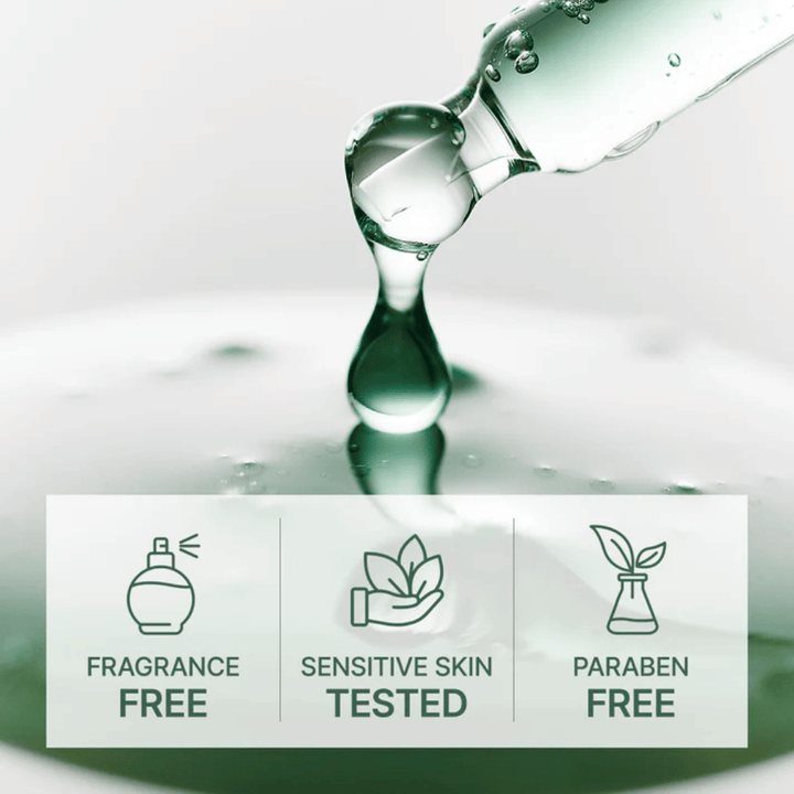 Dripping serum from pipette with icons showing fragrance-free, tested for sensitive skin and paraben-free formula.