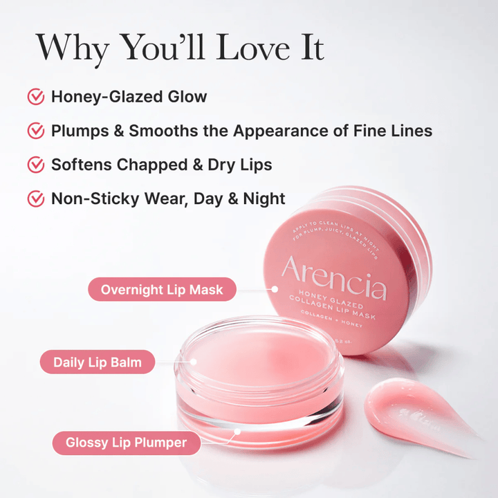 Product image with an opened jar and applicator highlighting benefits such as a honey-glazed glow, softer lips, and comfortable use both day and night.