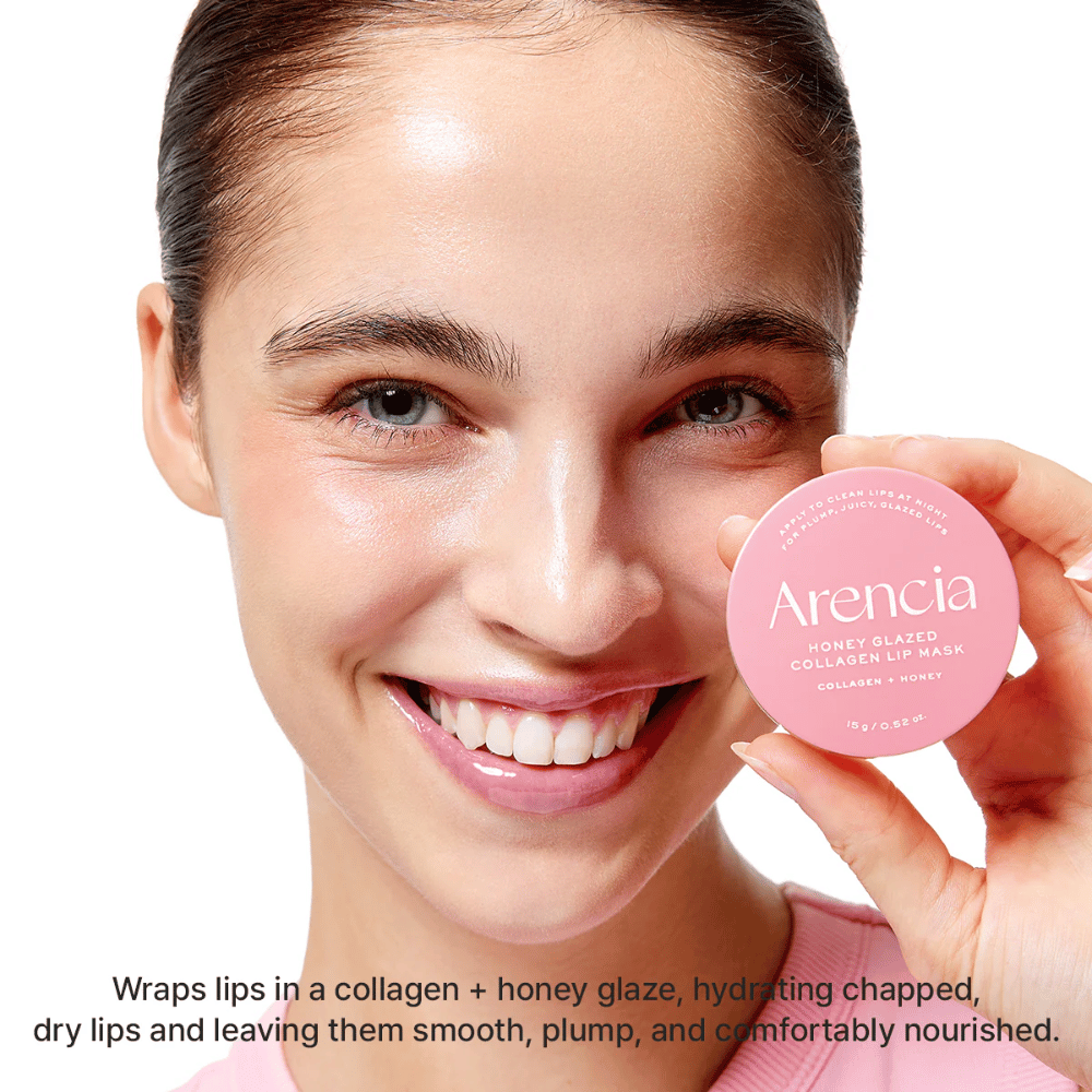 Model holds up Arencia Honey Glazed Collagen Lip Mask and shows results with glossy, moisturized, and fuller lips. The focus is on intensive care for dry and chapped lips.