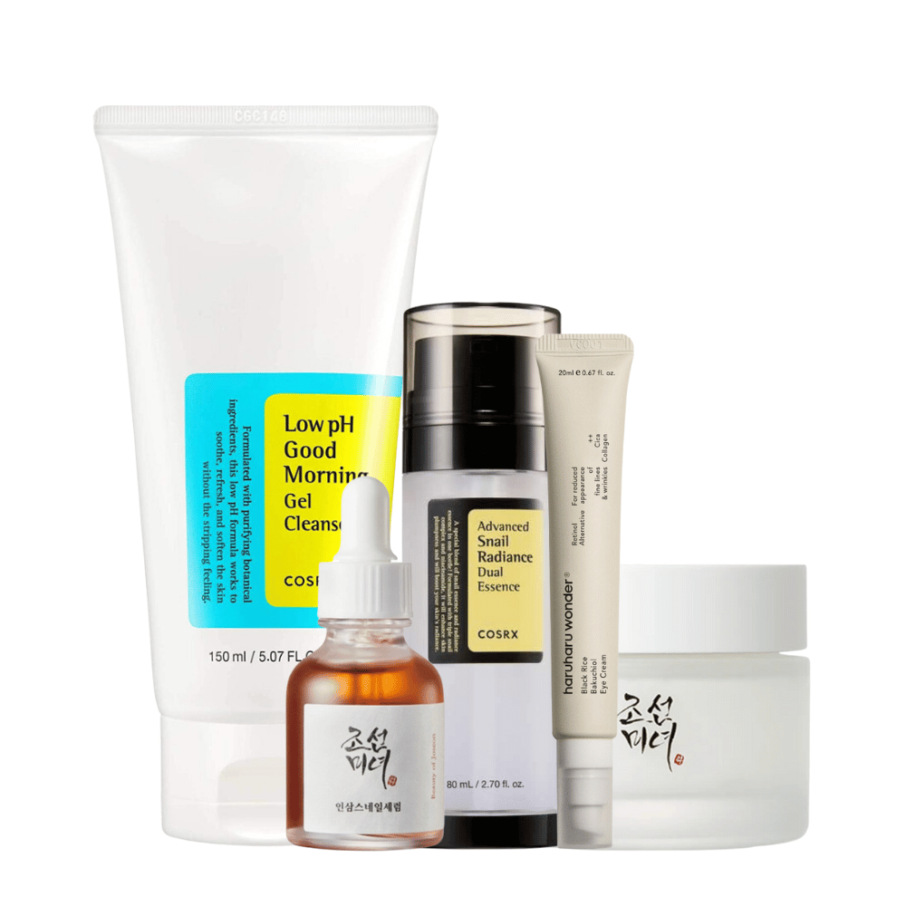 A selection of K-Beauty Mature Skin Time Revers Kit for age signs on white background.