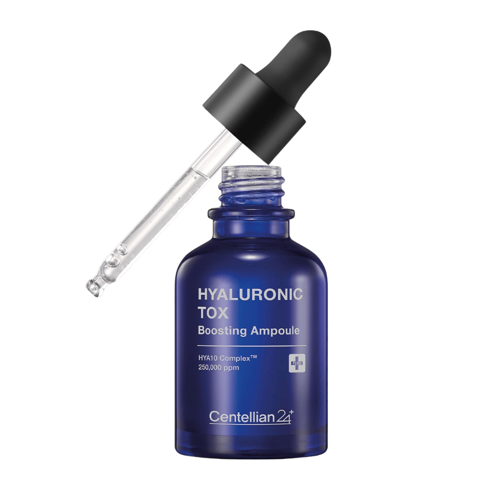 5. Centellian24 Hyaluronic Tox Boosting Ampoule – blue glass bottle with moisturizing facial serum and dropper