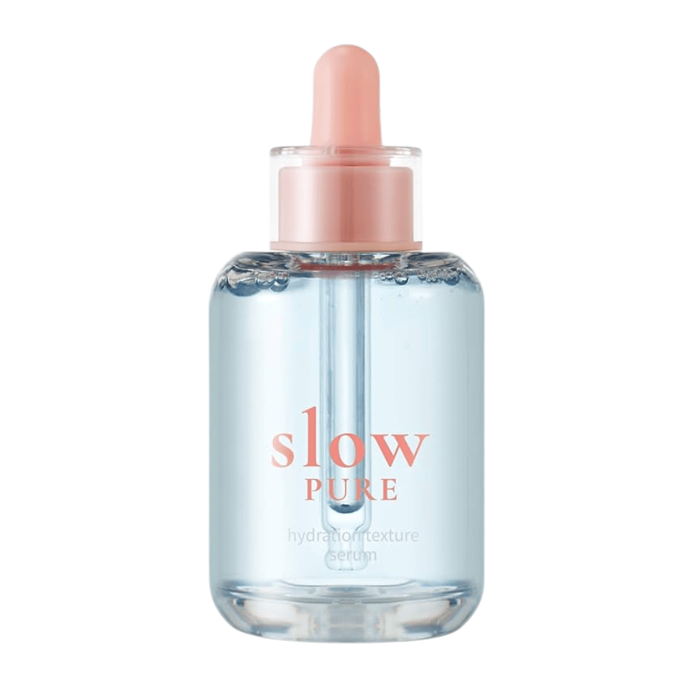 Slow Pure Hydration Texture Serum in a clear glass bottle with a dropper, filled with moisturizing blue serum.