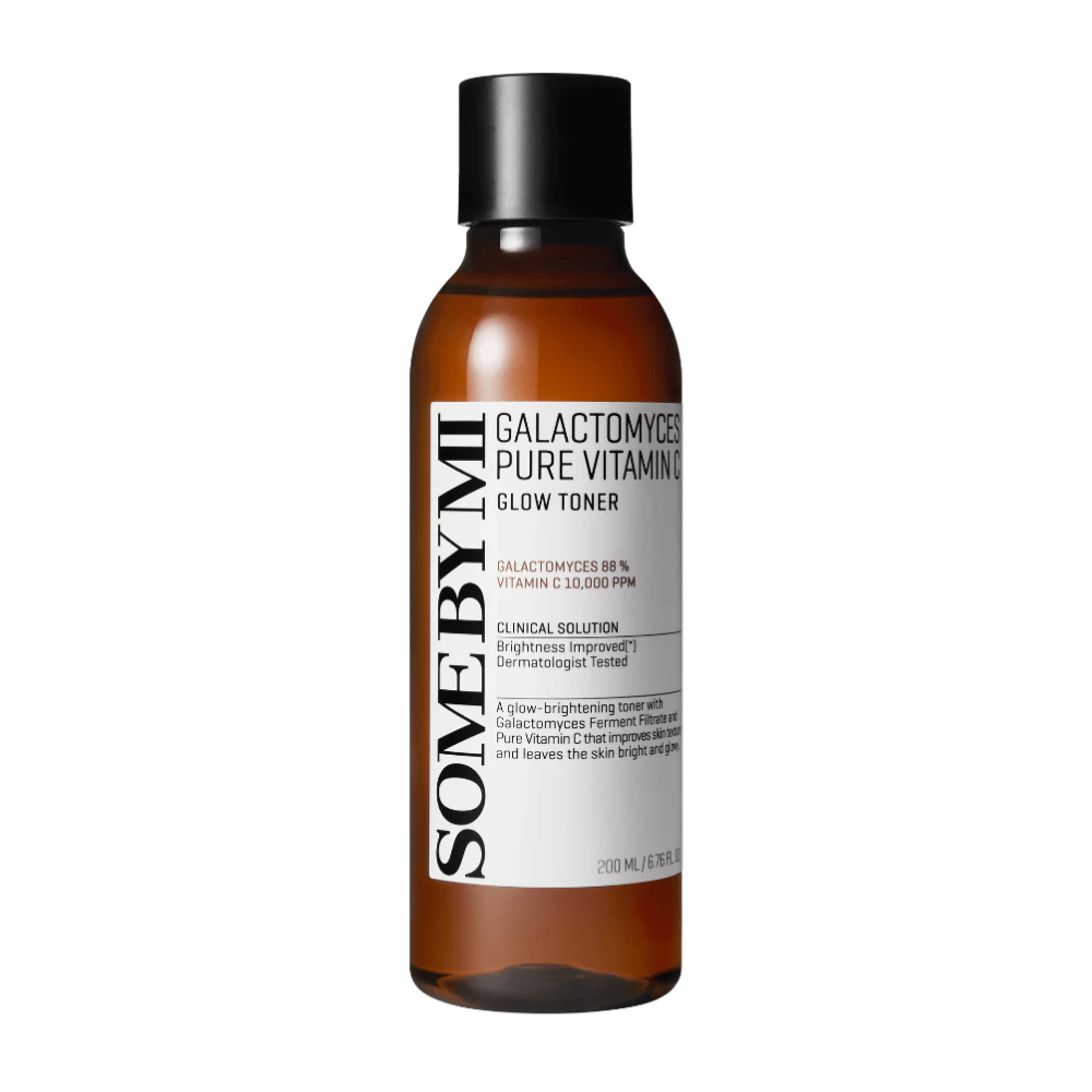 Image of SOME BY MI Galactomyces Pure Vitamin C Glow Toner. The product is presented in a transparent bottle with a black cap and clear labeling. It contains 88% galactomyces and 10,000 ppm vitamin C, which provides a brighter skin tone and improves skin radiance. The bottle's contents are dermatologically tested.