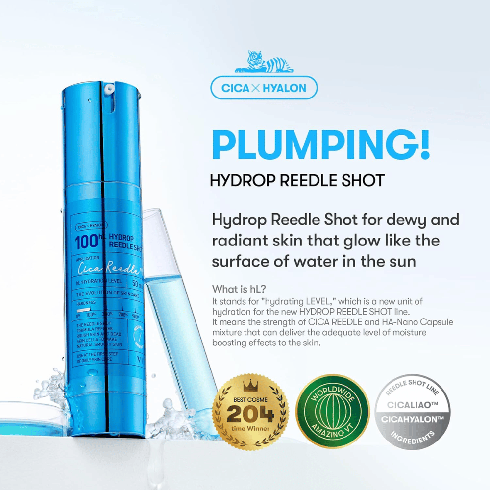 Blue bottle VT Cica Hyalon Hydrop Reedle Shot 100hL with transparent pipette, text about moisturizing effect and skin radiance, and three emblems highlighting the product's awards and ingredients.
