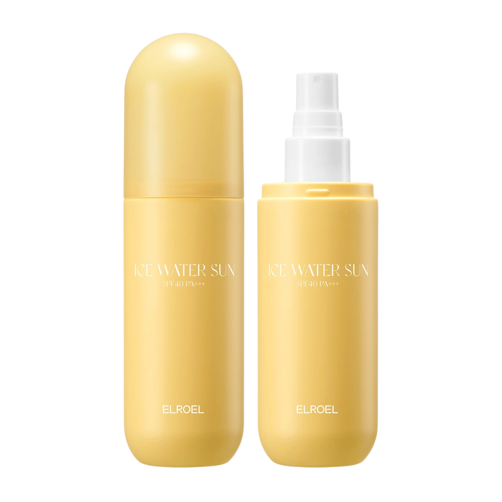 ELROEL Ice Water Sun Mist SPF 40 PA+++ product image with closed and open bottle showing practical design for easy application of sunscreen in spray form