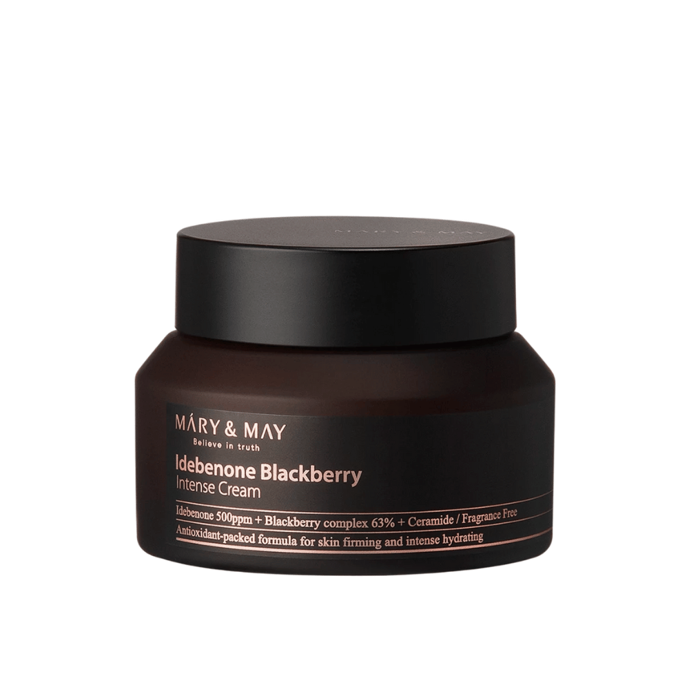 A jar of MARY & MAY Idebenone Blackberry Intense Cream. This cream contains 500 ppm idebenone, 63% blackberry complex, and ceramides, designed to provide intense hydration and firmness to the skin. Fragrance-free and antioxidant-enriched formula.