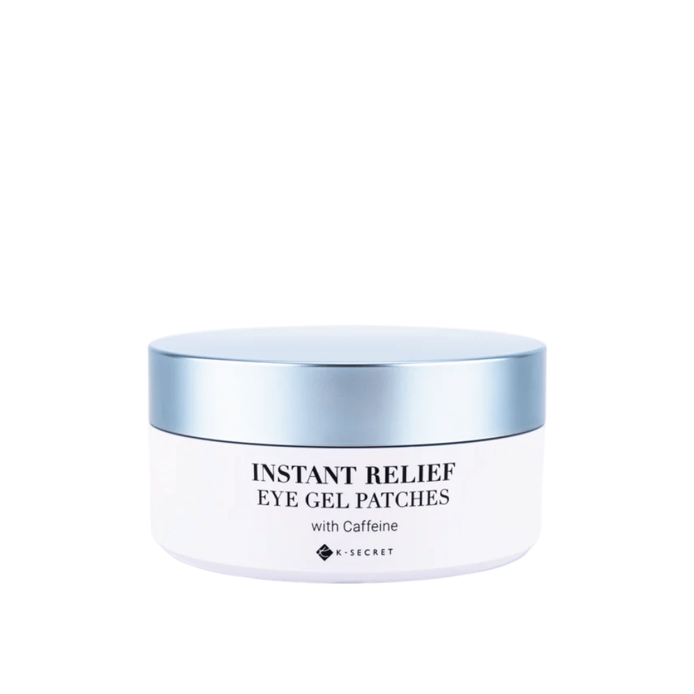 Can with K-Secret Instant Relief Eye Gel Patches with caffeine and blue lid.
