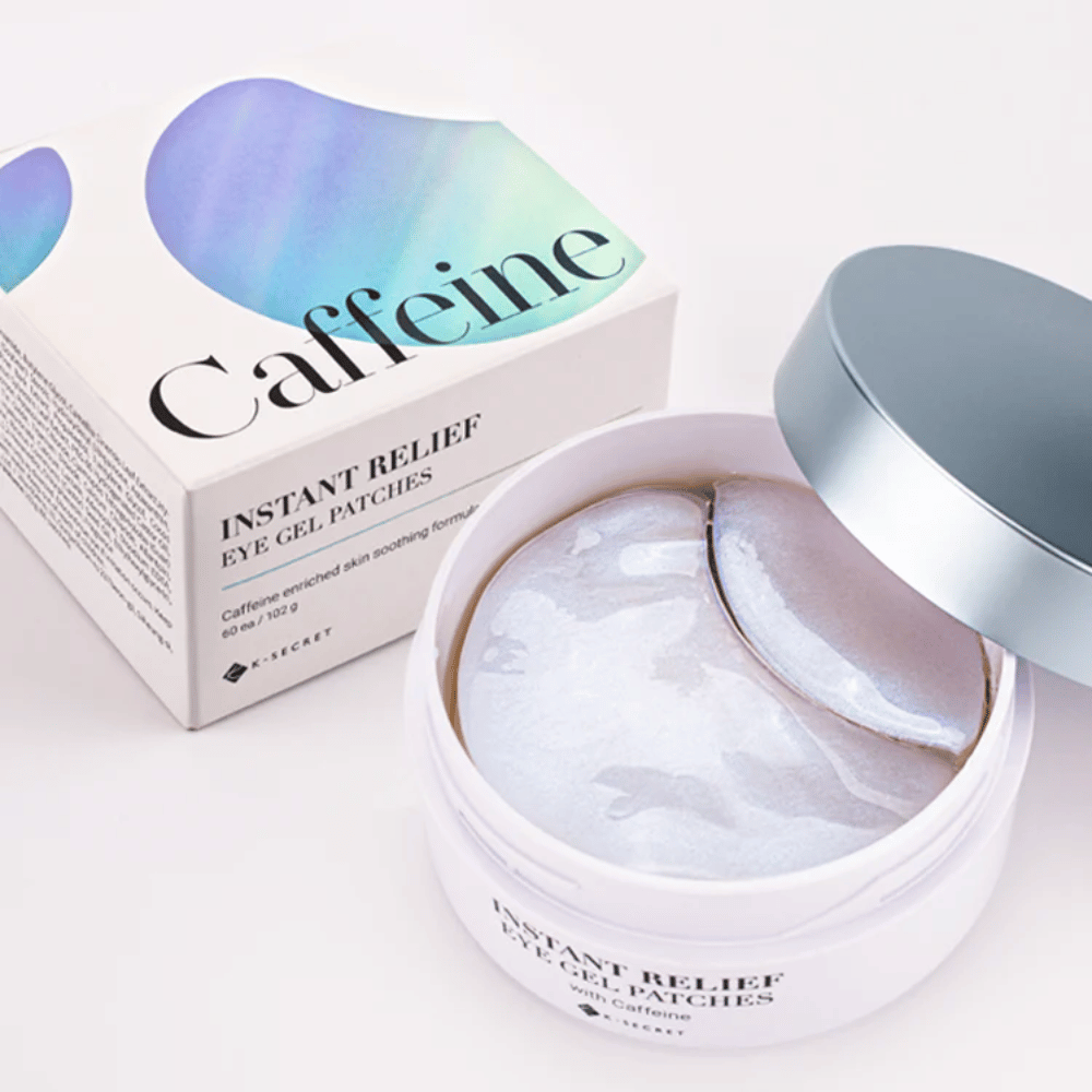 Can and packaging of K-Secret Instant Relief Eye Gel Patches with caffeine, opened and showing shimmering hydrogel pads.