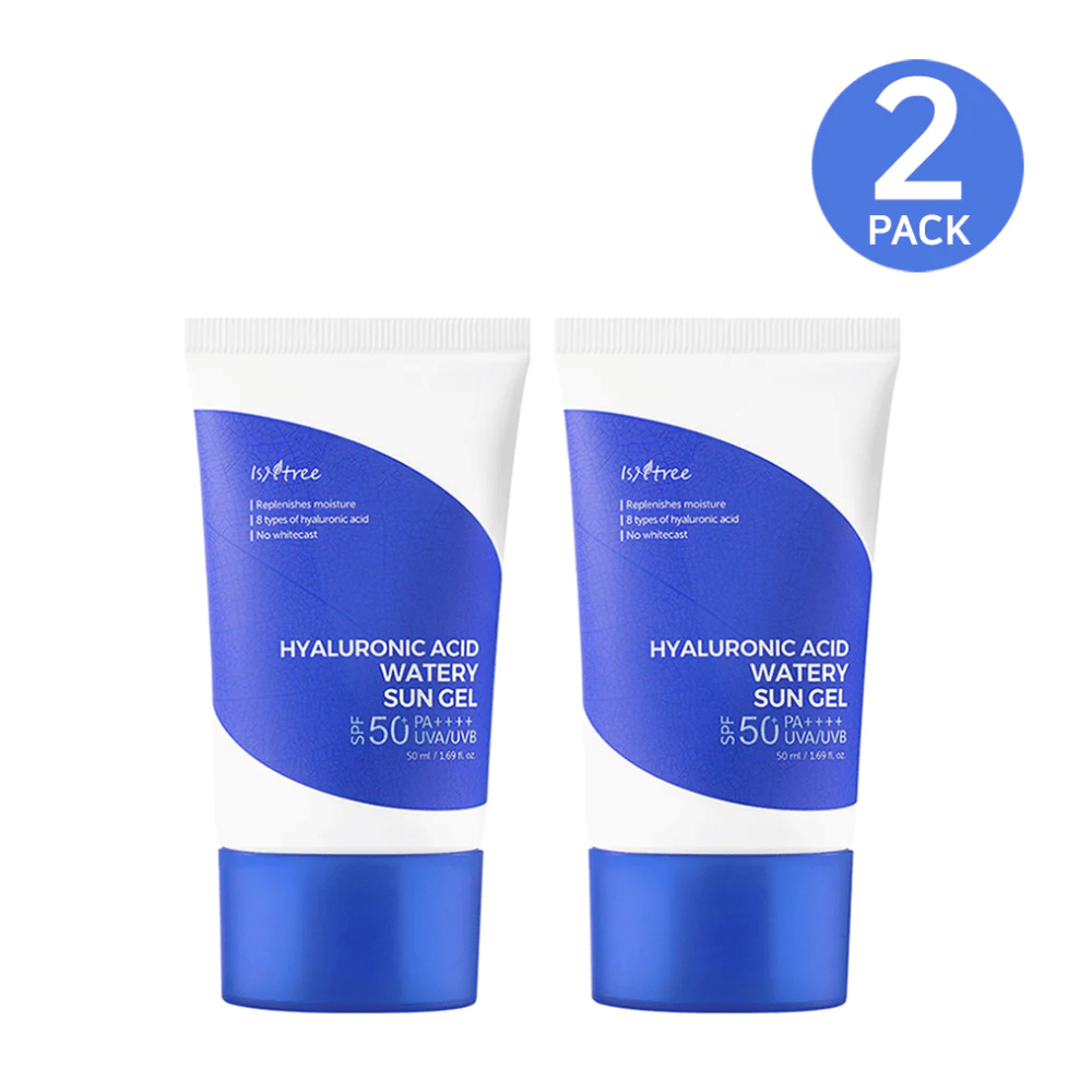 Two tubes Isntree Hyaluronic Acid Watery Sun Gel Set with SPF 50+ sunscreen set.