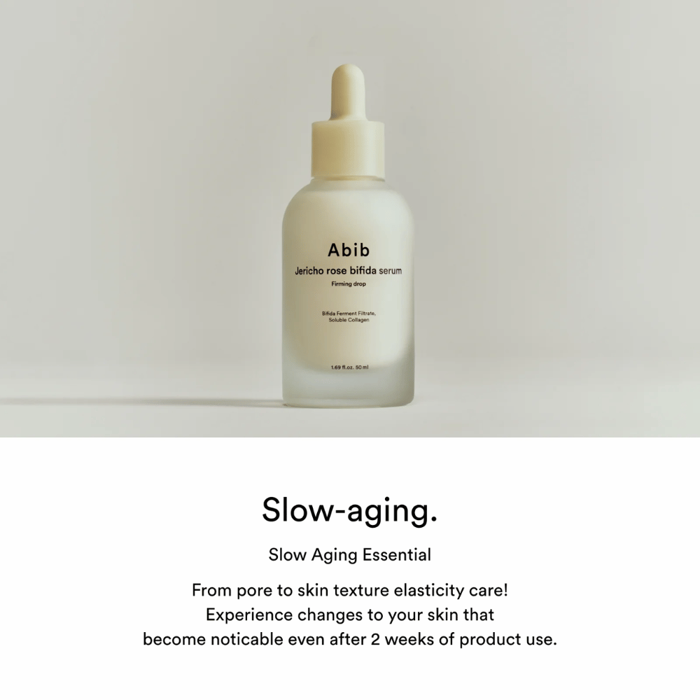 Minimalist product image of Abib Jericho Rose Bifida Serum Firming Drop focused on slow aging and skin elasticity.