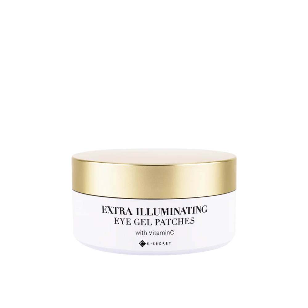 Jar with K-Secret Extra Illuminating Eye Gel Patches with vitamin C and gold lid.