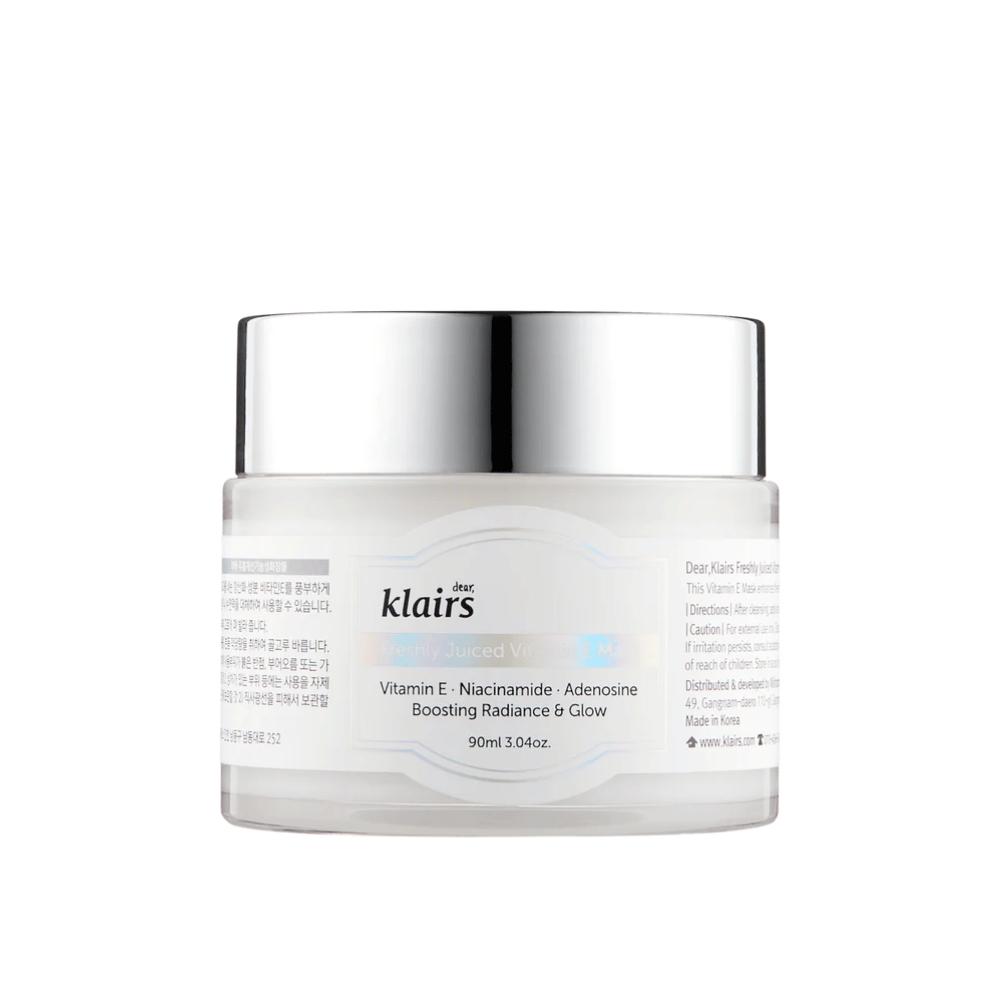 Closed white jar of Klairs Freshly Juiced Vitamin E Mask with text about vitamin E, niacinamide, and adenosine for radiance, against a white background.