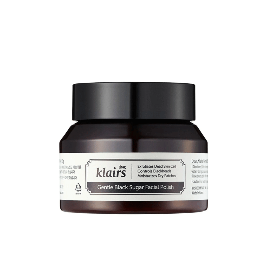 A jar Klairs Gentle Black Sugar Facial Polish with a black lid and label, against a neutral background.