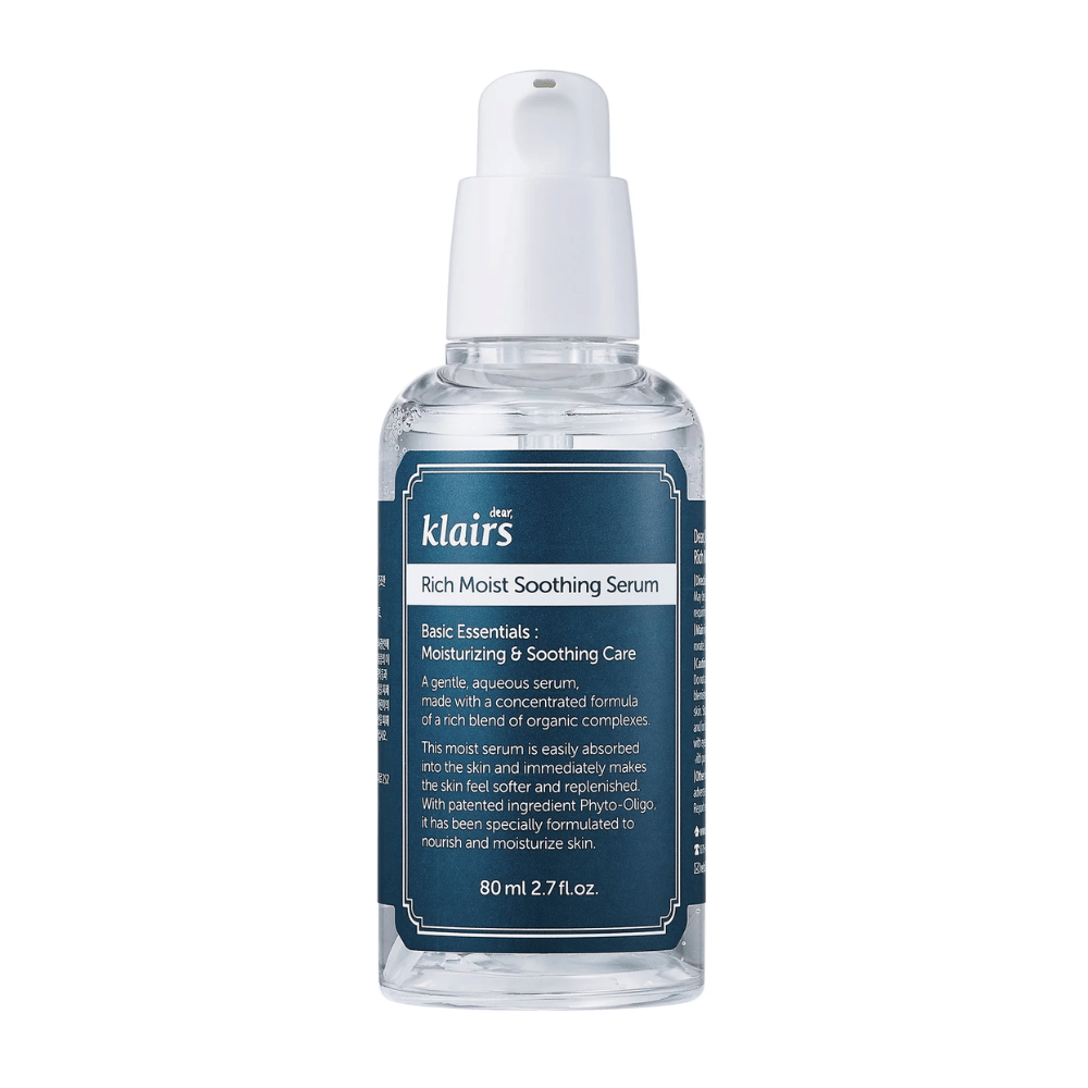 A transparent bottle with Klairs Rich Moist Soothing Serum and a white dropper cap, against a white background.