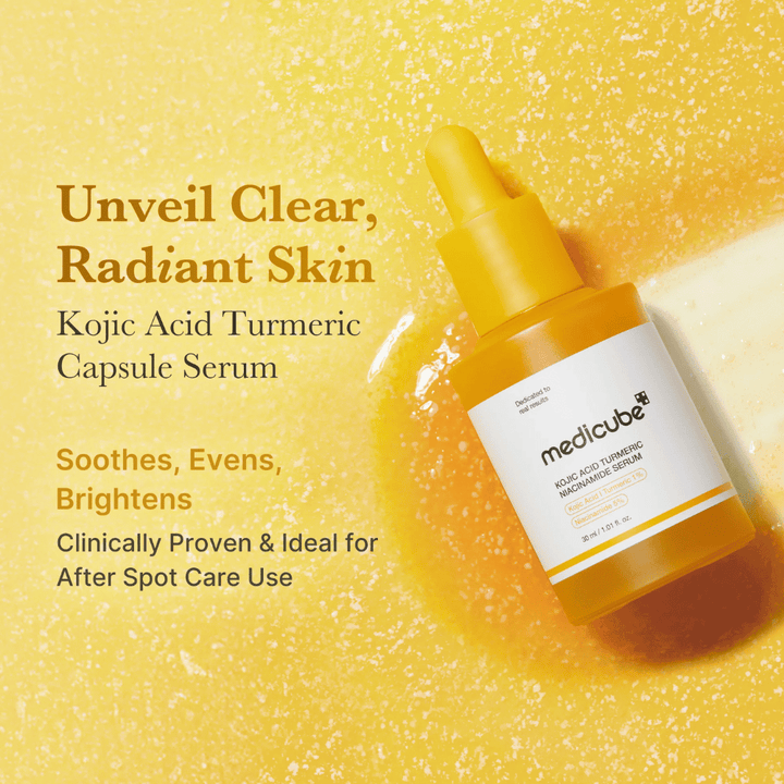 Campaign image of Medicube Kojic Acid Turmeric Niacinamide Serum with a strong yellow color palette that highlights glow, radiance, and skin-improving properties. The focus is on soothing the skin, evening out the skin tone, and providing a clearer appearance after post-acne care.
