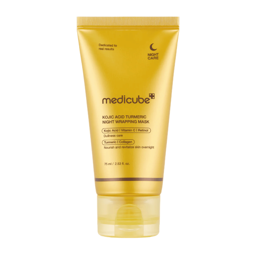 Medicube Kojic Acid Turmeric Night Wrapping Mask 75 ml in gold-colored packaging with kojic acid, turmeric, vitamin C, and collagen for nighttime glow care.