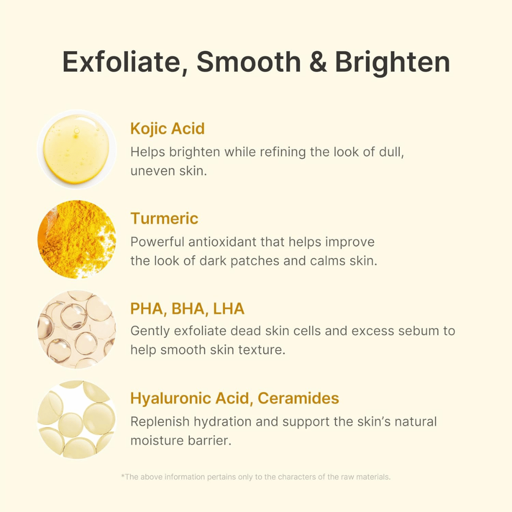 Medicube Kojic Acid Turmeric Peel Shot with kojic acid, turmeric, PHA, BHA, LHA, hyaluronic acid, and ceramides.