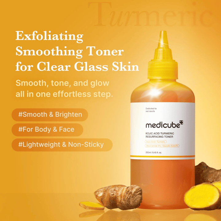 Promotional image for Medicube Kojic Acid Turmeric Resurfacing Toner highlighting an exfoliating toner for glow, even skin tone, and a lightly hydrating formula for face and body.