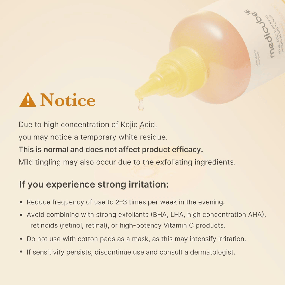 Informational image for Medicube Kojic Acid Turmeric Resurfacing Toner with important usage information about kojic acid, exfoliation, and how irritation can be reduced for sensitive skin.