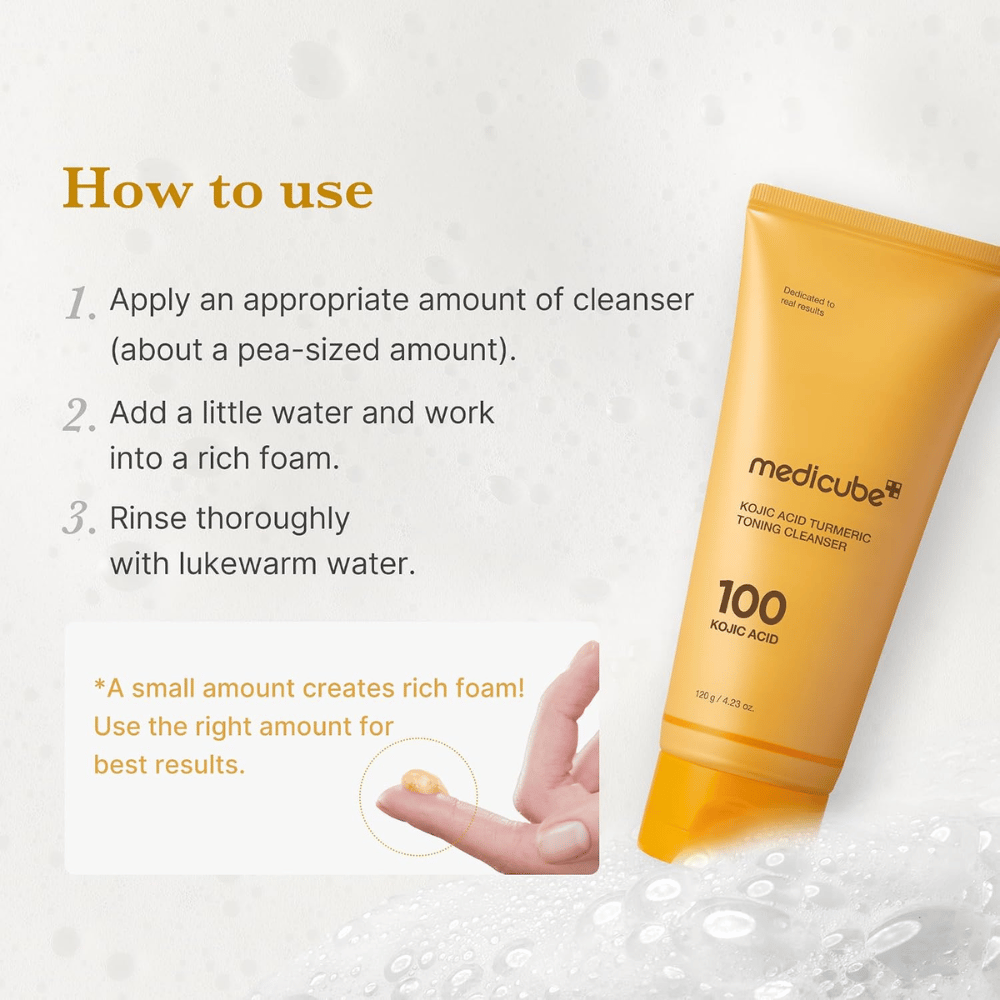 Medicube Kojic Acid Turmeric Toning Cleanser with instructions for use in three steps. Yellow cleanser tube and gel on fingertip showing dosage.
