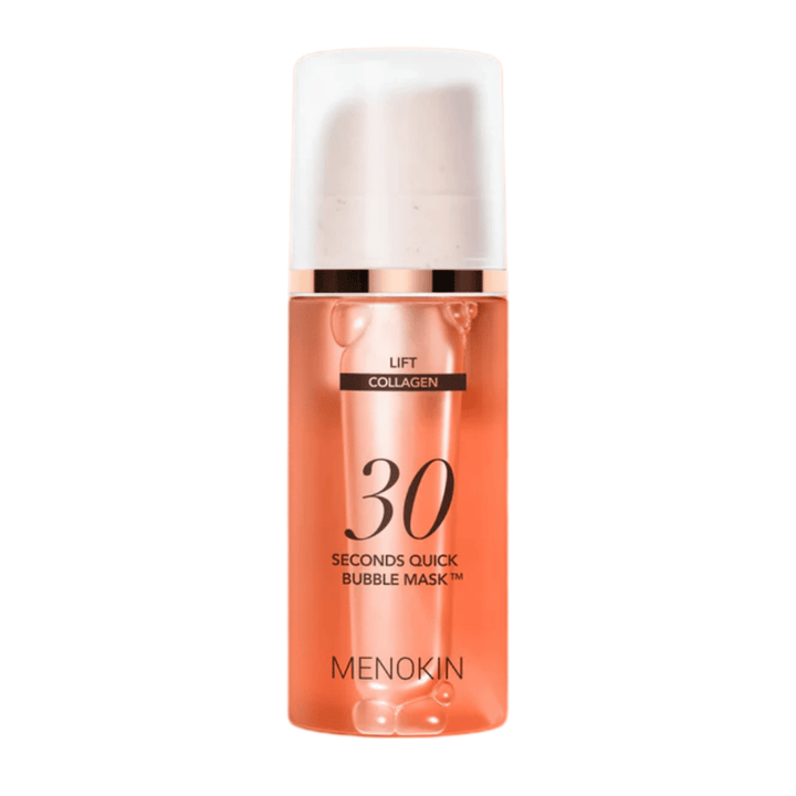 Cutout product image of MENOKIN LIFT 30 Seconds Quick Bubble Mask clearly showing the sleek orange design and pump packaging.