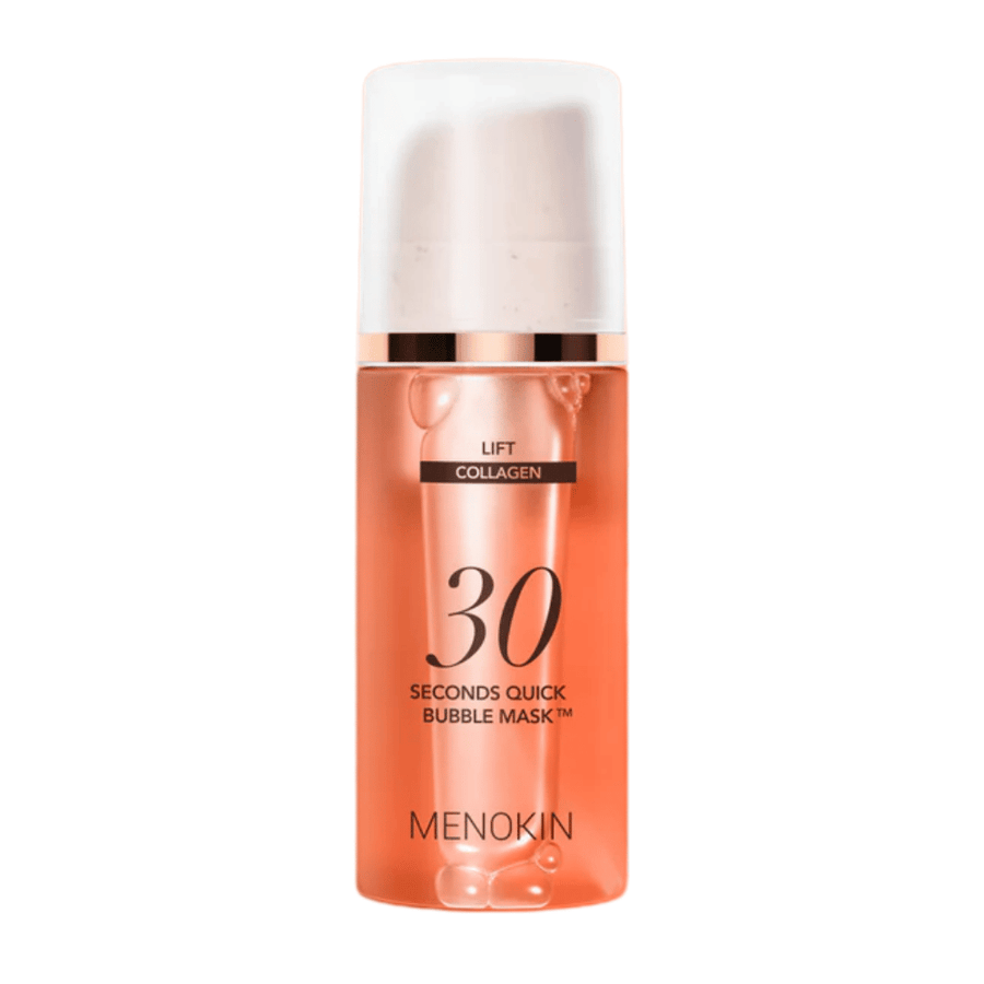 Cutout product image of MENOKIN LIFT 30 Seconds Quick Bubble Mask clearly showing the sleek orange design and pump packaging.