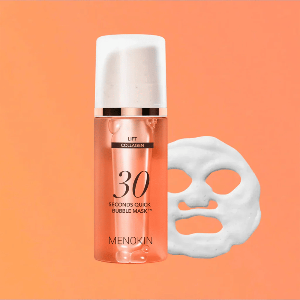 Product image of MENOKIN LIFT 30 Seconds Quick Bubble Mask with an orange background and foam mask shape symbolizing a quick and effective face mask in just 30 seconds.