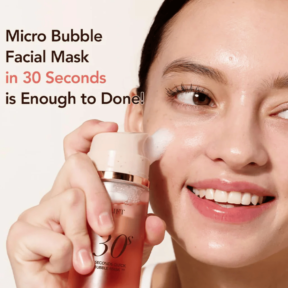 Lifestyle image where a model applies MENOKIN bubble mask directly to the skin with microbubbles, along with text emphasizing quick facial care in 30 seconds.