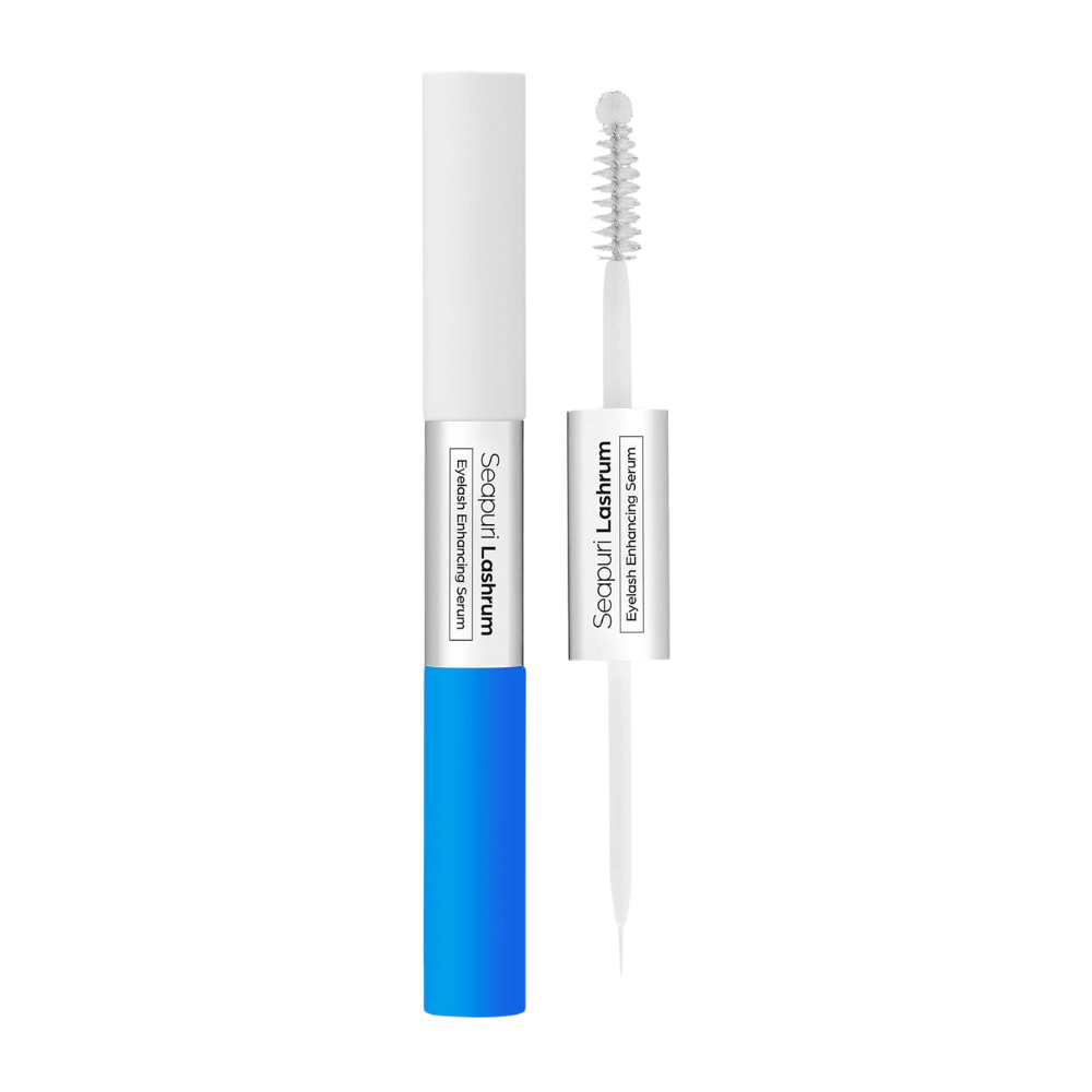 Seapuri Lashrum Eyelash Enhancing Serum with brush and sleeve. Nutrient-rich serum that strengthens and extends lashes.