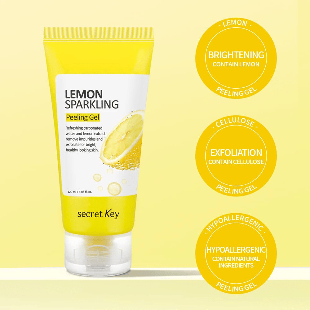Secret Key Lemon Sparkling Peeling Gel – contains lemon and cellulose for exfoliation, radiance, and softer skin, gentle on sensitive skin.