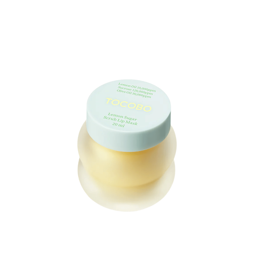 Product image of closed jar of Tocobo Lemon Sugar Scrub Lip Mask 20 ml, against a white background.