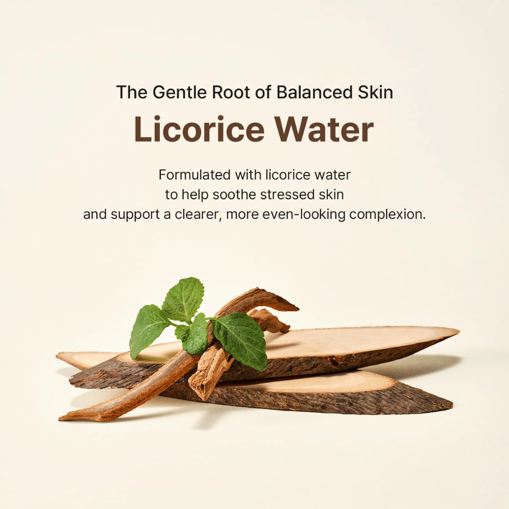 Informational image about licorice water and its soothing and evening effect on the skin.