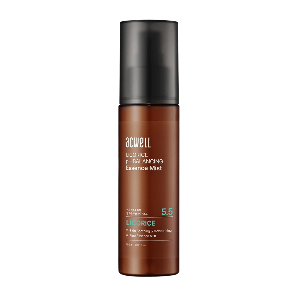 Product image of Acwell Licorice pH Balancing Essence Mist in a brown spray bottle. Moisturizing essence mist with licorice extract and skin-balancing pH 5.5 that helps soothe and refresh the skin.